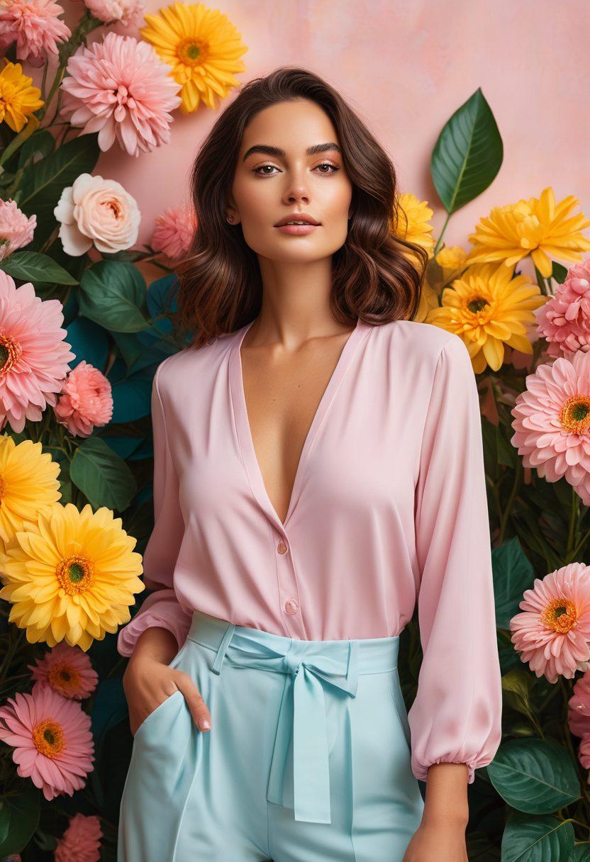 A confident woman standing tall in a stylish outfit, surrounded by vibrant flowers symbolizing growth and empowerment. She is applying skincare, depicting self-care rituals, with a serene expression showing emotional wellness. The background is a soft blend of pastel colors to evoke calmness and positivity. Include elements like inspirational quotes subtly floating around her. super-realistic. vibrant colors. soft background.