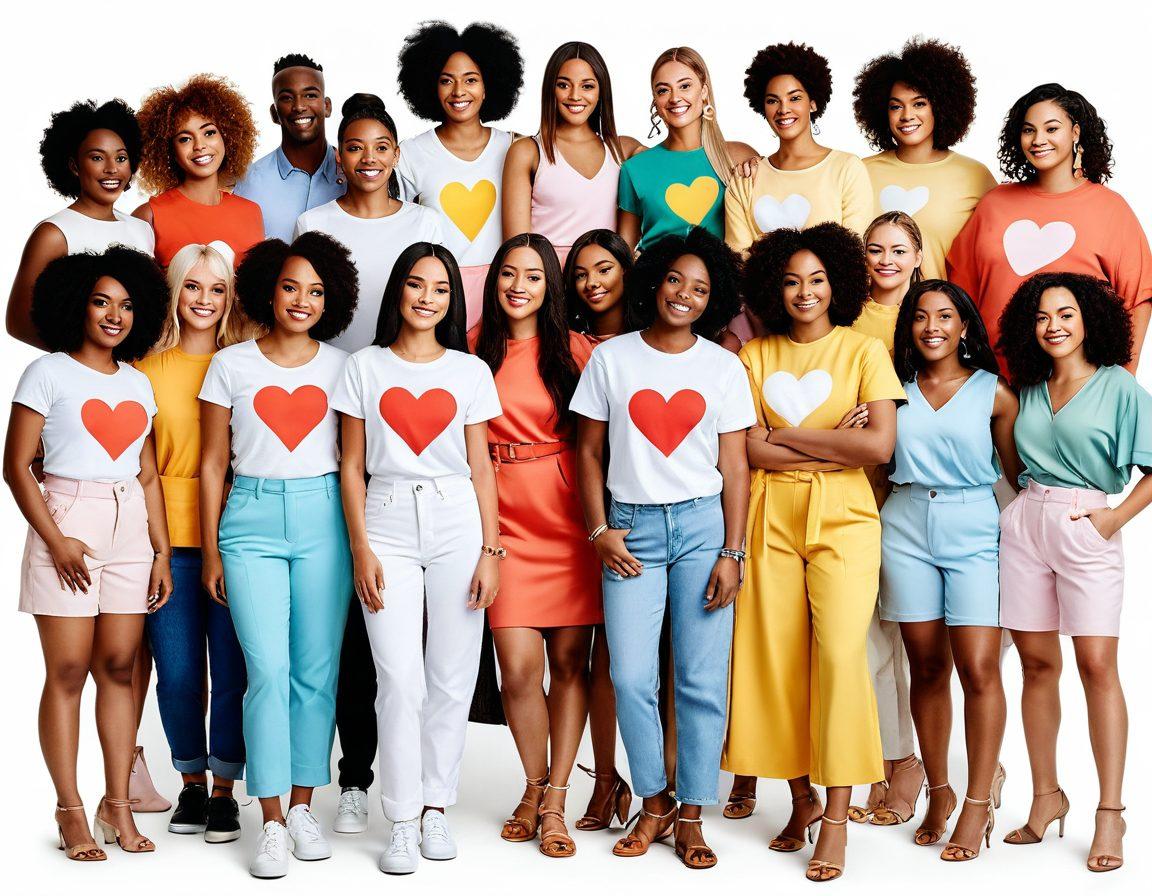 A diverse group of confident individuals showcasing unique fashion styles, standing together radiating self-love and empowerment, surrounded by symbols of connection such as intertwined hearts and positive affirmations in a vibrant, celebratory atmosphere. Soft pastel colors enhance the warm and welcoming feel. super-realistic. vibrant colors. white background.